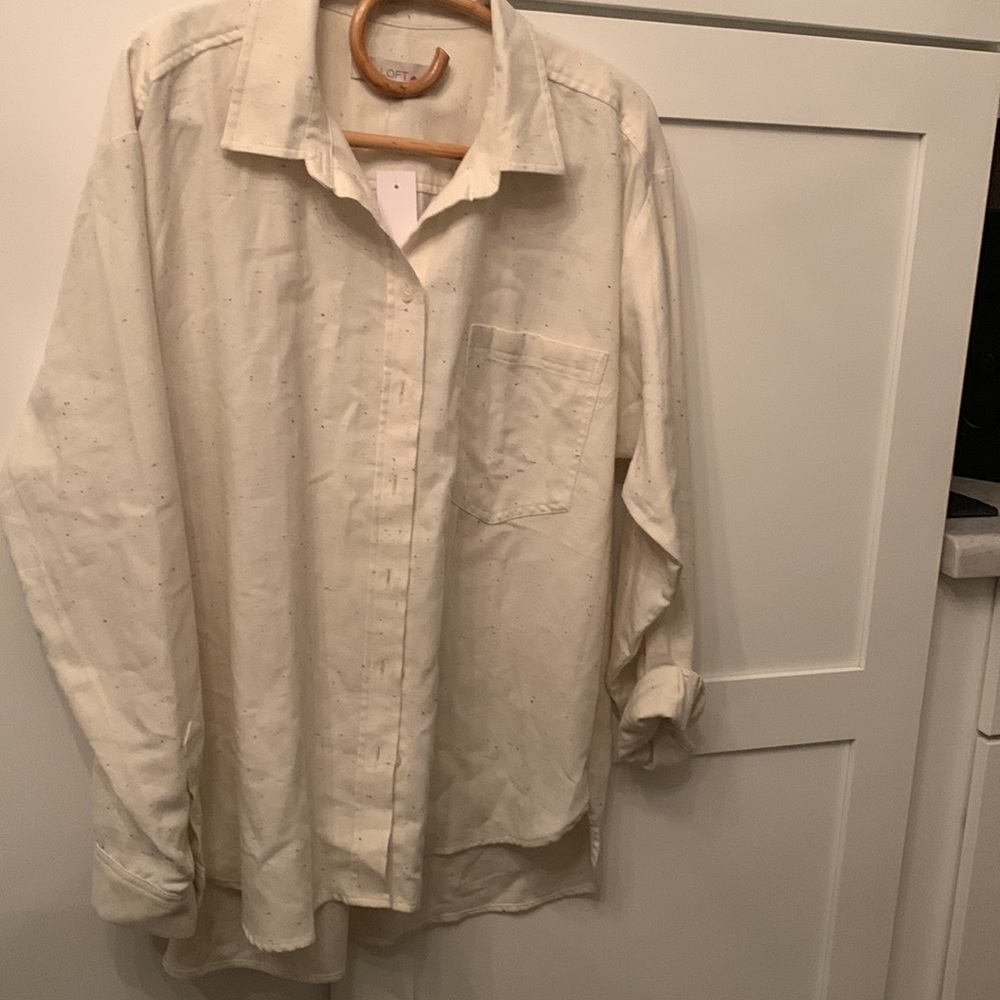 LOFT button down long sleeve blouse with colored speckles on beige size XL - Picture 9 of 15